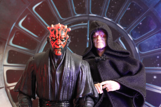 NEW YORK USA: DEC 13 2017: Star Wars Sith Lord Darth Maul with his master Darth Sidious / Emperor Sheev Palpatine - Hasbro Black Series Action Figures