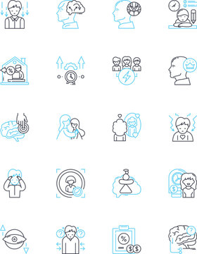 Cognitive science linear icons set. Perception, Cognition, Neuroscience, Attention, Memory, Language, Comprehension line vector and concept signs. Reasoning,Emotion,Consciousness outline illustrations