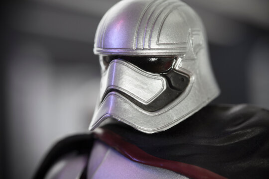 NEW YORK USA: DEC 5 2017: Closeup of Star Wars First Order Stormtrooper Captain Phasma - select focus. Capt. Phasma is played by actress Gwendoline Christie
