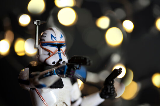 NEW YORK USA: DEC 5 2017: Star Wars Clone Trooper Captain Rex holding blaster pistol with blurred background. Hasbro Black Series Action Figure - select focus