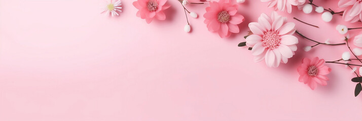 Naklejka na ściany i meble Spring flowers on pink pastel background top view in flat lay style, Greeting for Mother's Day Spring Sale Banner, Generative AI