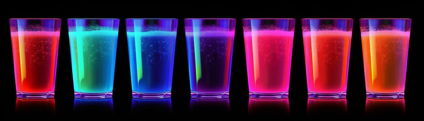 7 neon Cocktails / Drinks  in Neonfarben und Neonlicht. Digital Painting. Generative Ai.