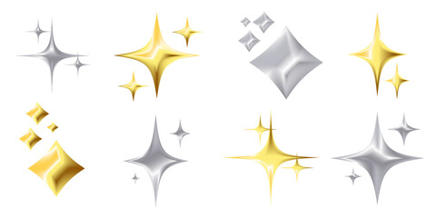golden and silver star set 3d chrome metallic