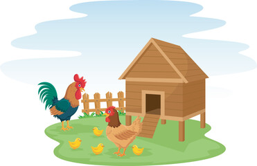 Obraz na płótnie Canvas Cute chicken family with henhouse