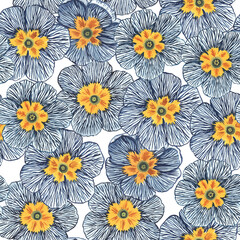 Fototapeta na wymiar Floral print with pretty doodle gray and yellow flowers. Watercolor simple cute print for design and fabric.
