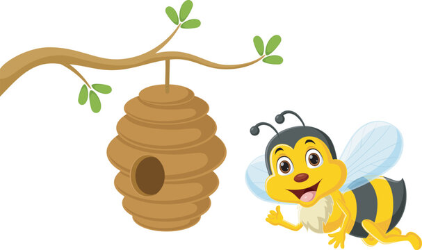 Cute little bee cartoon with beehive