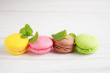 Macaron or french macaroon dessert, cake and cookies on the celebrated birthday.