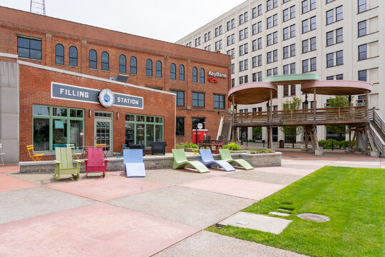 
Buffalo, NY, USA - May 23, 2022: Filling Station restaurant entrance at Larkin Square in Buffalo, NY, USA. The former Larkin Filling Station # 6 was originally built in 1930. 
