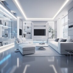 Concept of a luxury modern futuristic home interior design with neon. Generative AI illustration.