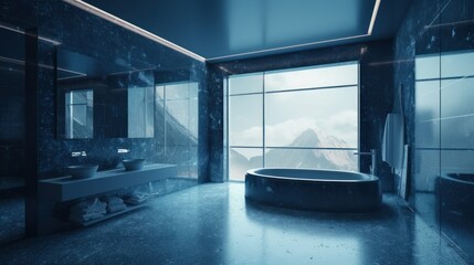 Concept of a luxury modern futuristic dark blue bathroom interior design. Generative AI illustration.
