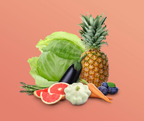 Fresh fruits and vegetables on coral background