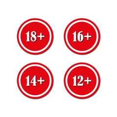 Red age signs. White background. Warning prohibition age signs. Age restriction signs. Vector illustration.
