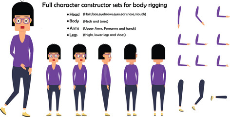 Cartoon 2d woman character constructor sets for full body and head rigging design vector	