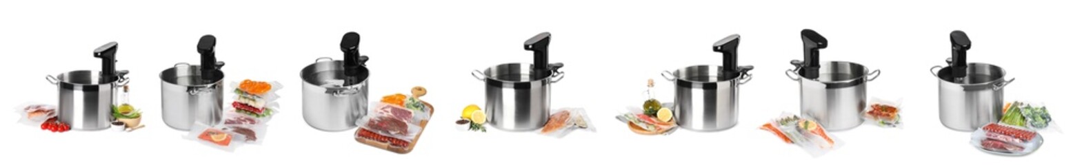 Collage with sous vide cookers in pots and vacuum packed products isolated on white. Thermal...