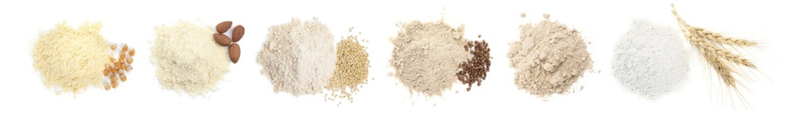 Different types of flour and ingredients on white background, top view. Collage design