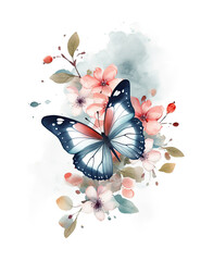 Butterfly, asian style, flowers, pastel colors, digital prints, digital assets, watercolor. Generative AI.