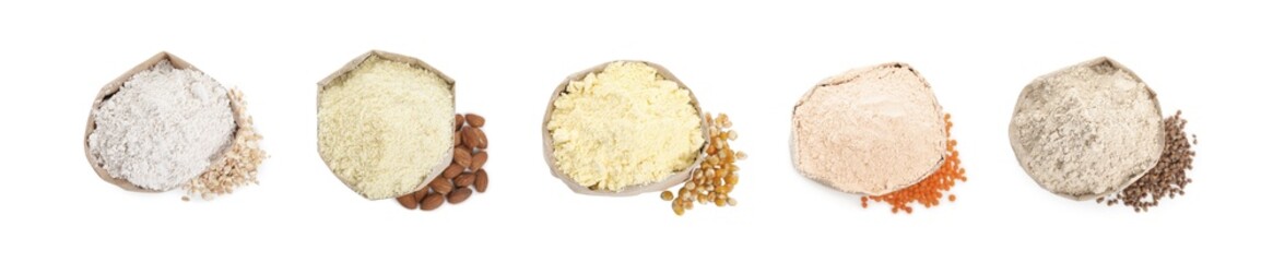 Different types of flour in paper bags and ingredients on white background, top view. Collage design