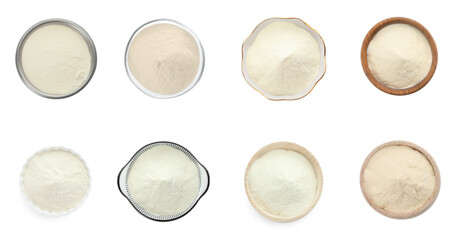 Set with agar-agar powder in bowls isolated on white, top view