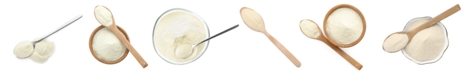 Set with agar-agar powder isolated on white, top view