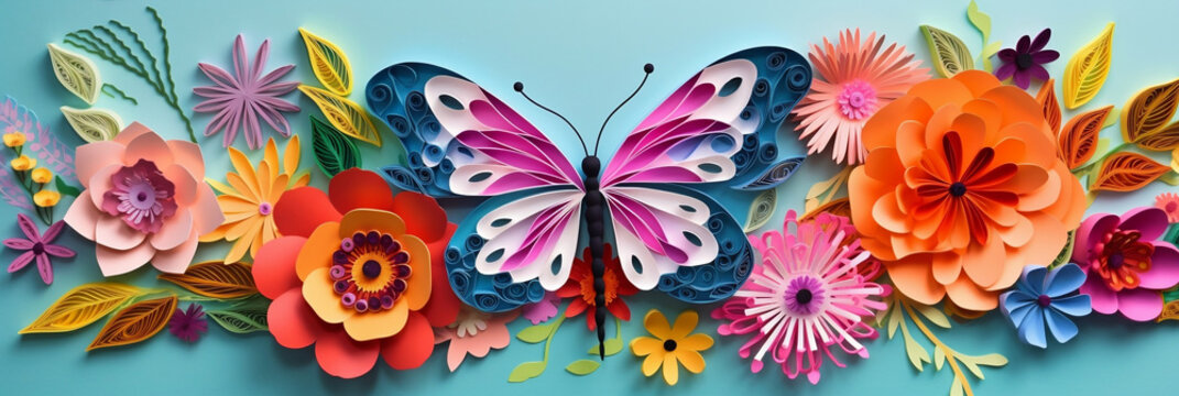 PAPER CUT ART Butterfly on coloful Flowers, Generative AI