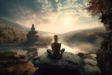 Naklejka na ściany i meble Discover serenity with this clipart of a woman meditating in nature, balancing her mind through practiced yoga.