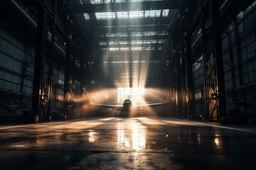 Shine emanating from open hangar portals. Generative AI