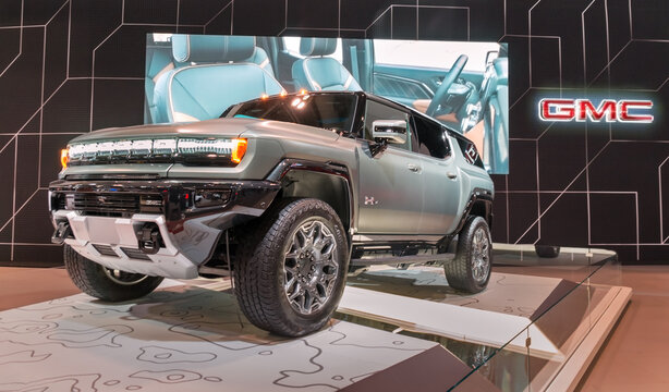 Toronto, Canada - 02 25 2023: GMC Hummer EV battery electric full-size SUT displayed on 2023 Canadian International AutoShow. GMC Hummer EV is a line of battery electric full-size vehicles produced by