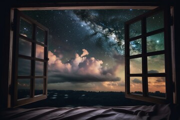 A window in landscape painting reveals cloud-filled sky amidst starry universe. Generative AI
