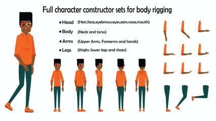 Cartoon 2d young teen man character constructor sets for full body and head rigging design vector	