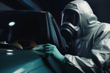 Car painting technician wearing respirator mask spraying auto body with paint gun, Generative AI	
