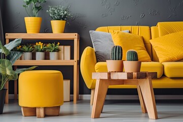 cozy living room with yellow sofas and green plants. Generative AI