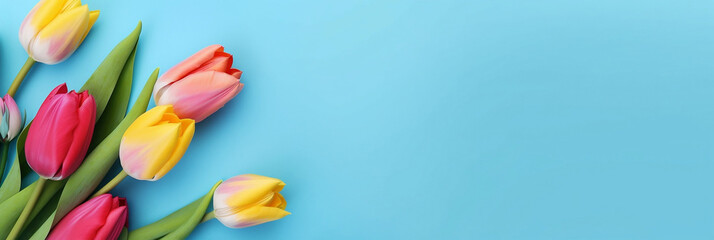 Spring tulip flowers on blue background top view in flat lay style, Greeting for Mother's Day Spring Sale Banner, Generative AI