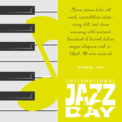 International Jazz Day greetings with piano keys and silhouette of musical note