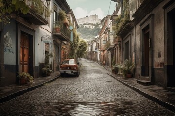 Historic street in Quito, Ecuador's colonial district. Generative AI
