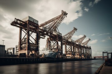 Fototapeta na wymiar Several gantry cranes, also known as giraffes, line the port facility with an image of maritime logistics. Generative AI