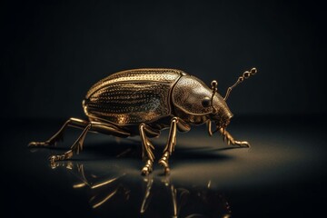 Shiny gold beetle with distinctive shape. Generative AI - obrazy, fototapety, plakaty
