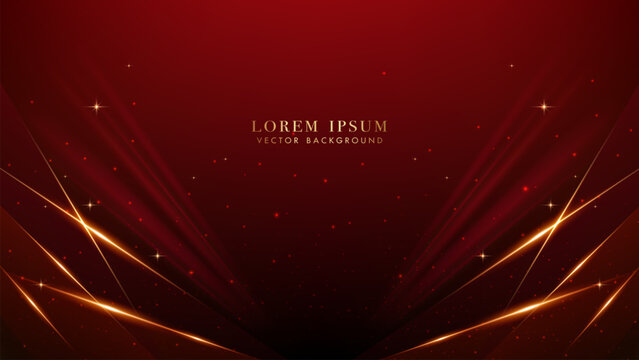 Red luxury background with golden lines, glowing lines elegant shine and glittering light effects elements. Elegant style vector design