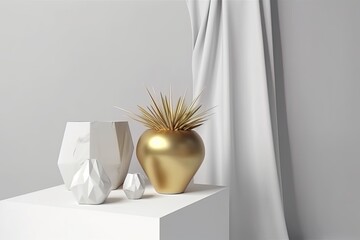 luxurious gold vase on a modern white table. Generative AI