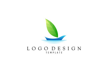 sailboat logo with leaves in simple flat design style