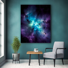 Modern Living room with a frame of a Purple and blue nebula, in the style of Evans nebula. Generative Ai. 
