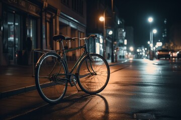 A parked bike on a city street at night with blurry cityscape background and a streetlight. Generative AI - obrazy, fototapety, plakaty