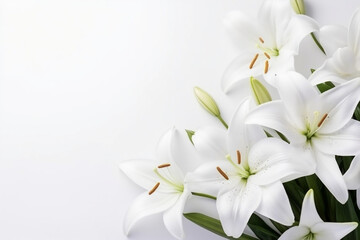 Obraz na płótnie Canvas White lily flowers on white background, flower pattern, and space for text Mother's Day greeting card, wedding, Generative AI