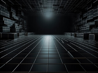 Modern black background with lights shining through it, in the style of perspective rendering, textured surface, and rectangular fields. Generative Ai. 