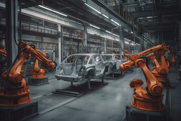 Contemporary automobile plant, robotized assembly line. Progressive technology, engineers innovate. Generative AI