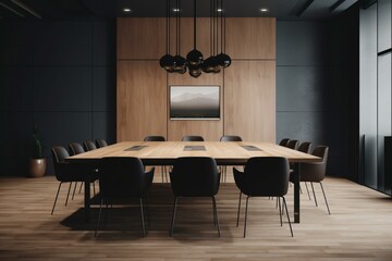 Side view of stylish meeting room with large wooden conference table and black chairs against grey wall. 3D rendering. Generative AI