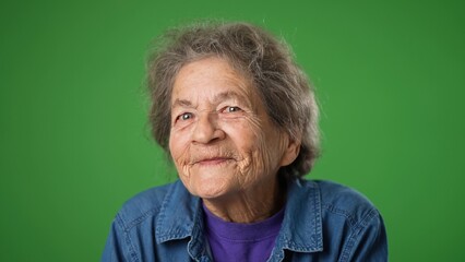 Closeup of smiling happy dreaming, thinking thoughtful elderly old toothless woman with idea on...