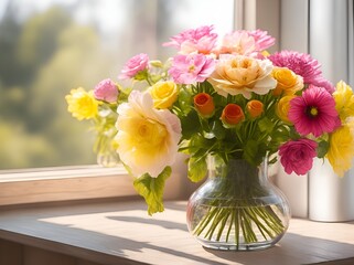 Fototapeta premium flower vase with many different colorful flowers, beside window created using generative ai