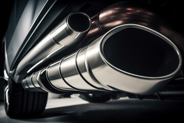 Customizing car's exhaust system with a sports car muffler and silencer on plain white background. Generative AI