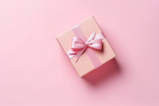 Gift or present box on pink table top view, Flat lay composition for birthday, mother day, Generative AI