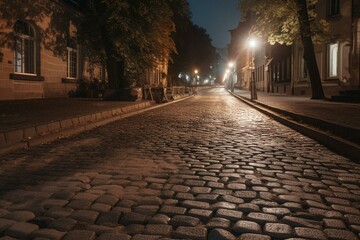 A historic city's stone road being paved in the evening. Generative AI